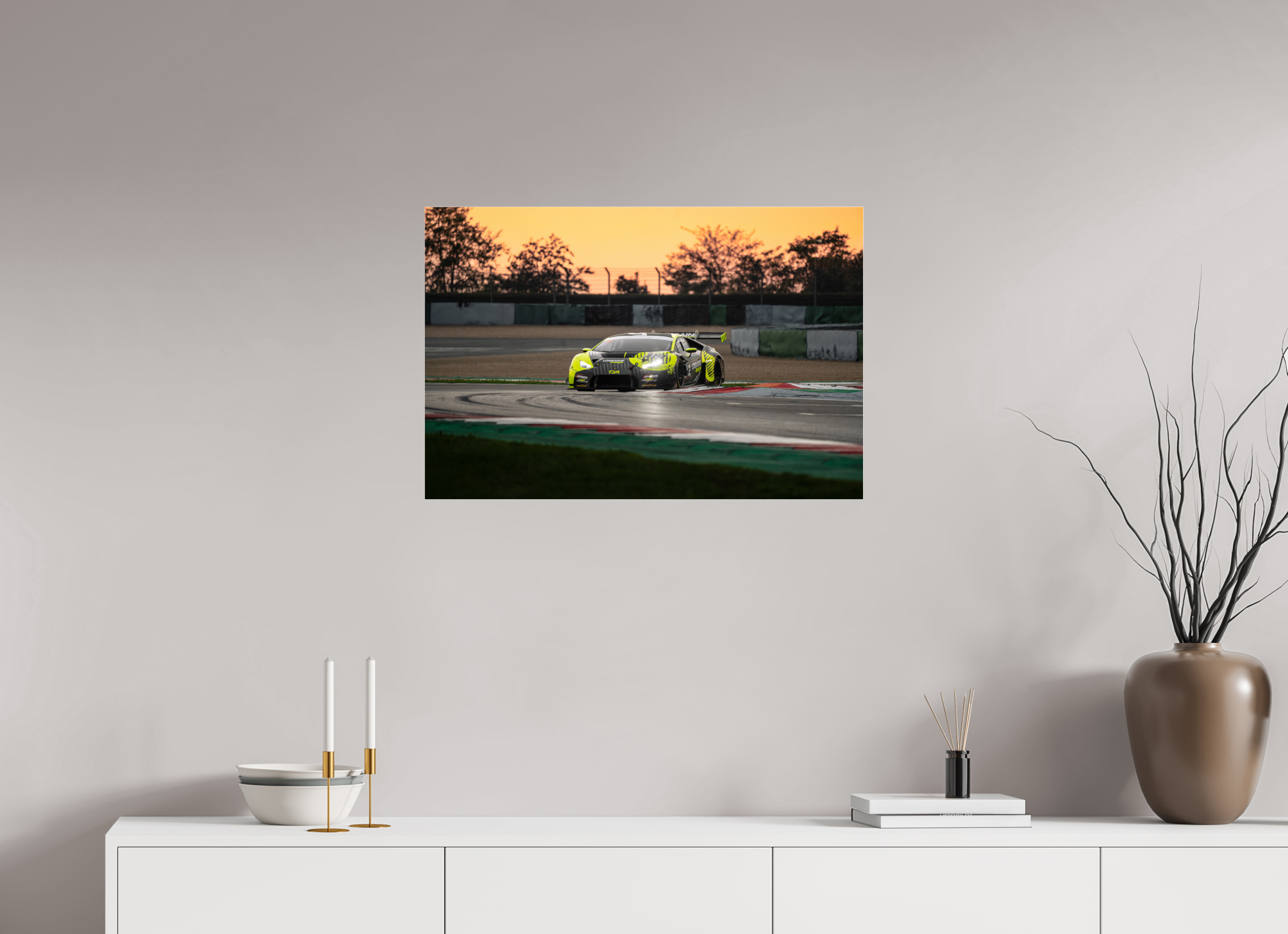 75 x 50 cm, Photo Print Under Acrylic Glass Photographie Murale - Lamborghini Huracan GT3 Evo Sunset n1