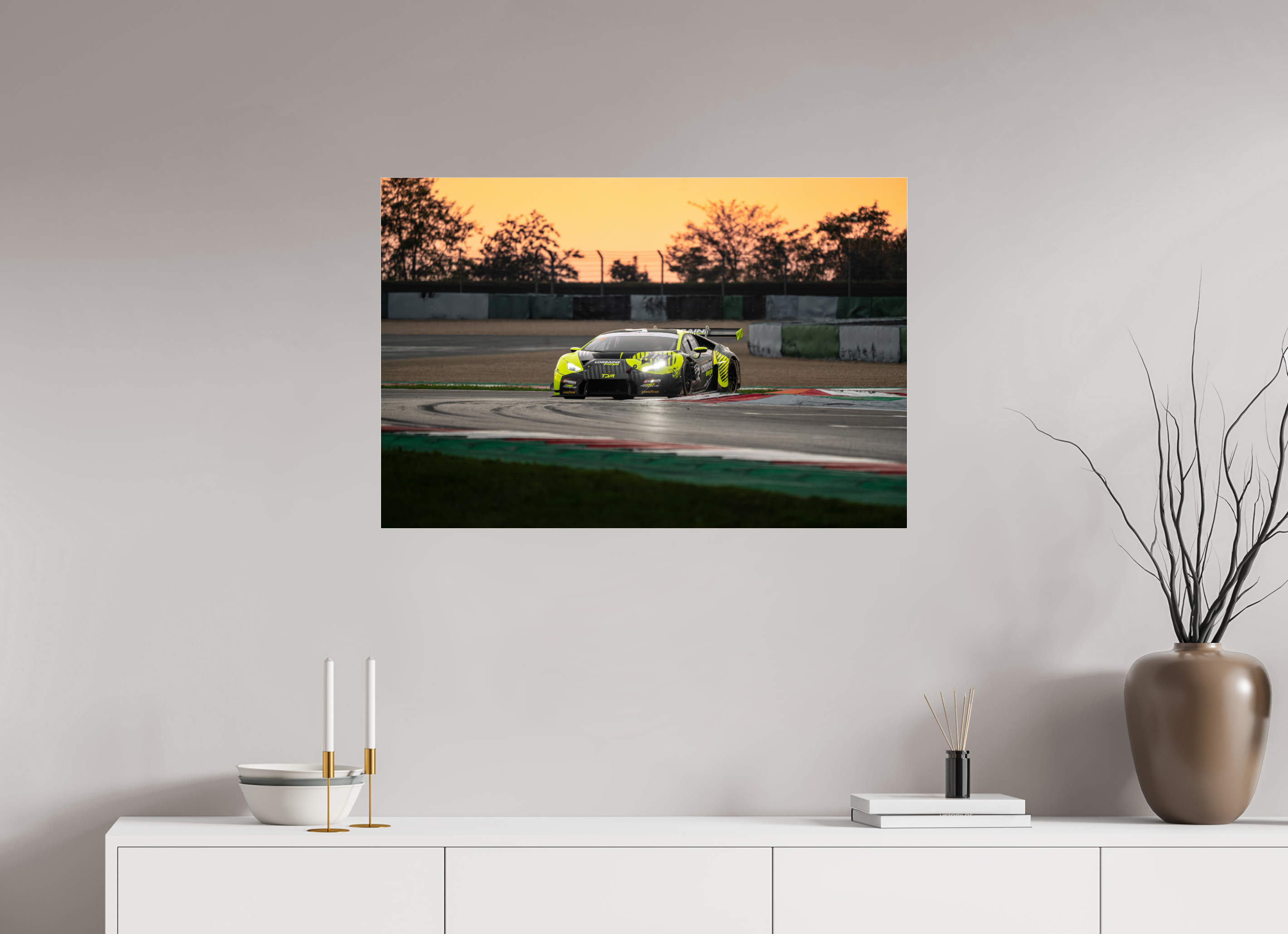 90 x 60 cm, Photo Print Under Acrylic Glass Photographie Murale - Lamborghini Huracan GT3 Evo Sunset n1