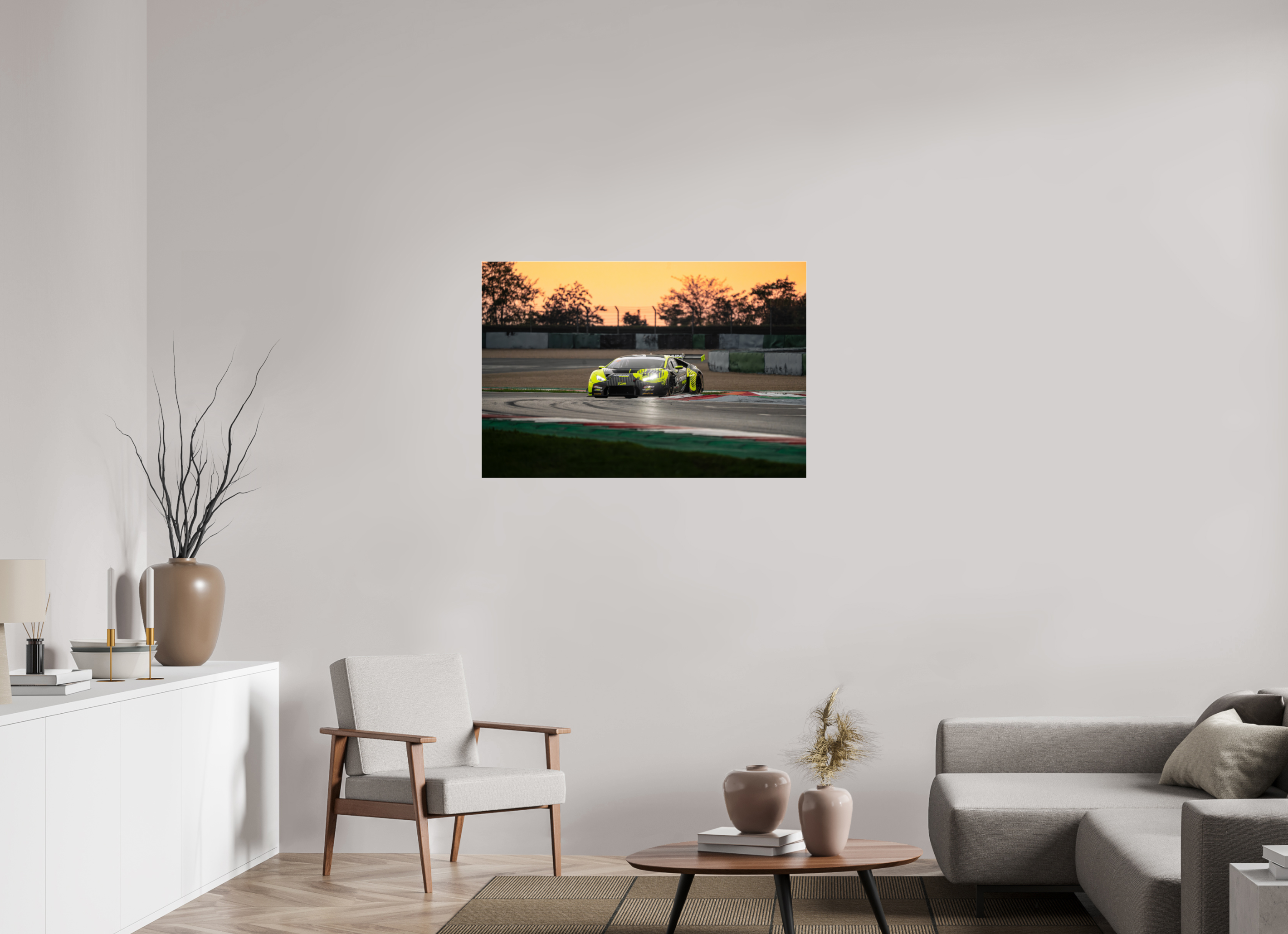 105 x 70 cm, Photo Print Under Acrylic Glass Photographie Murale - Lamborghini Huracan GT3 Evo Sunset n1